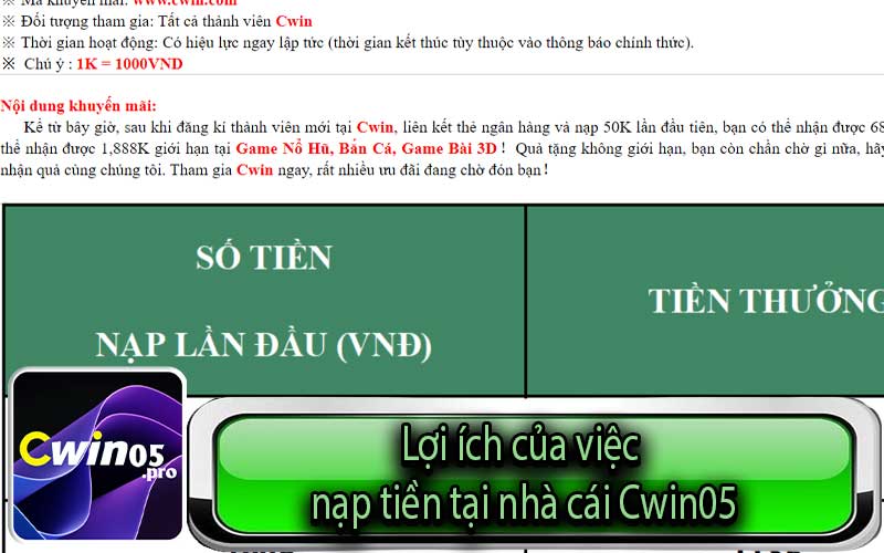 Lợi ích của việc nạp tiền tại nhà cái Cwin05